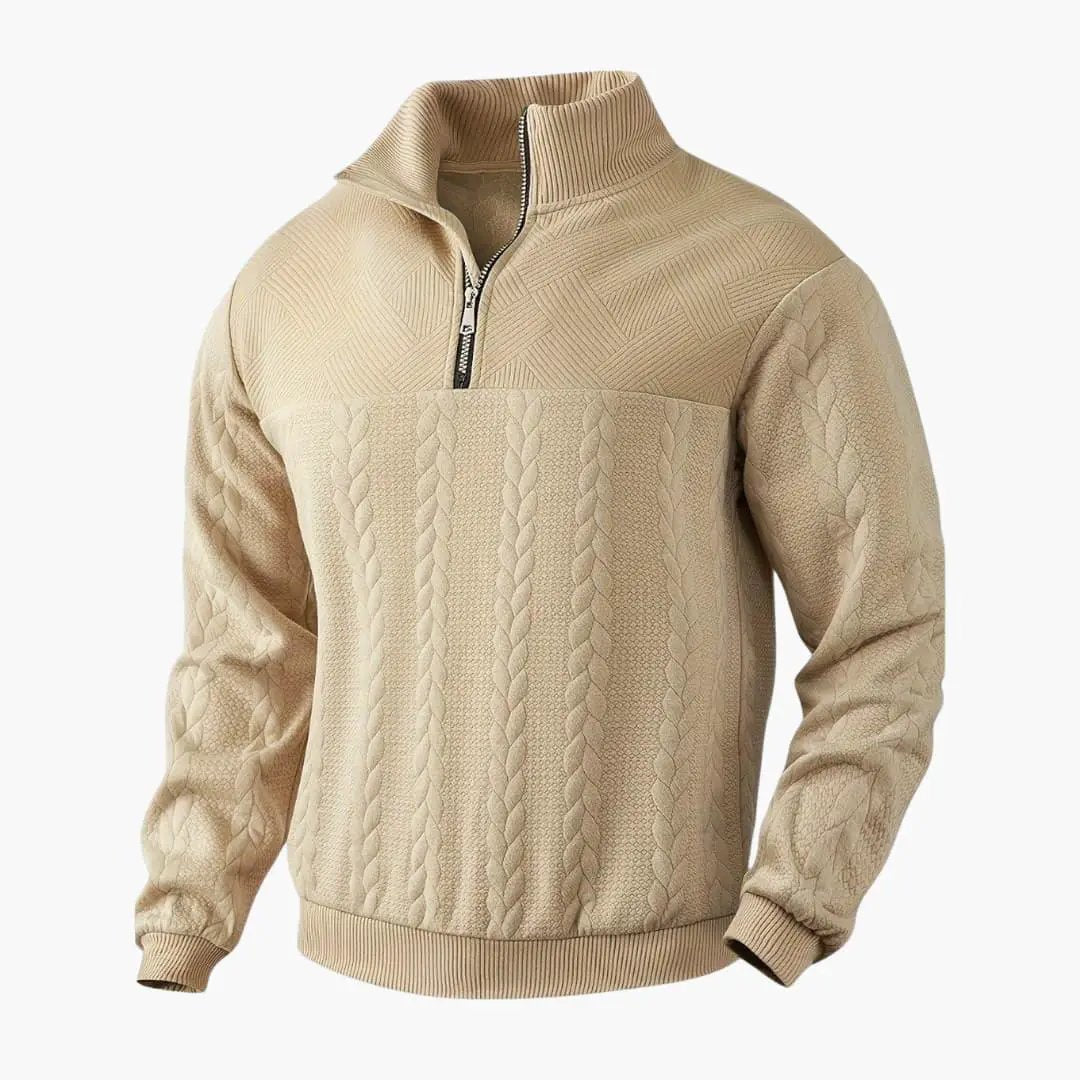 Men's beige cable-knit half-zip pullover by Wilfred Smith