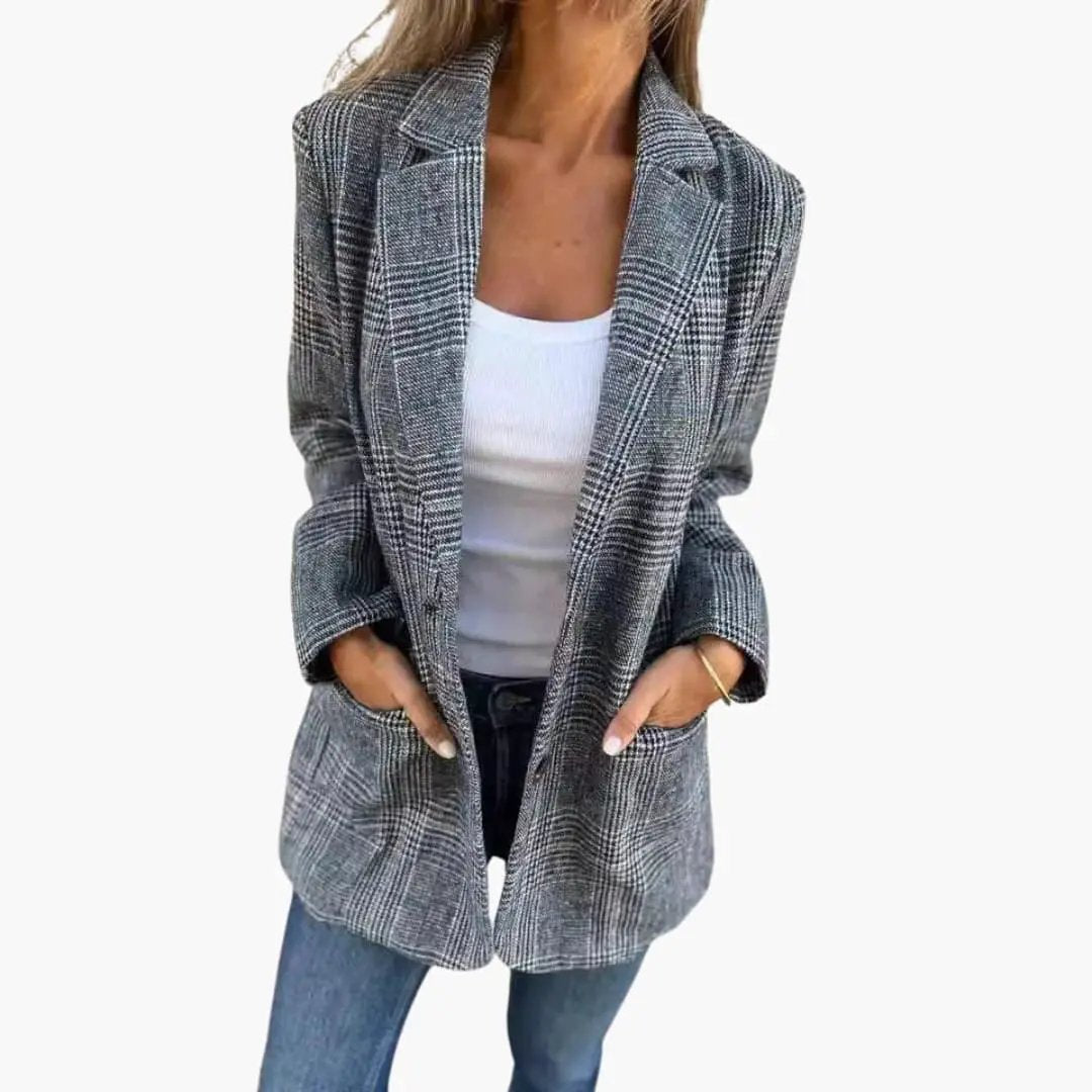 Checked blazer for women by Wilfred Smith, gray plaid, tailored slim-fit with front pockets