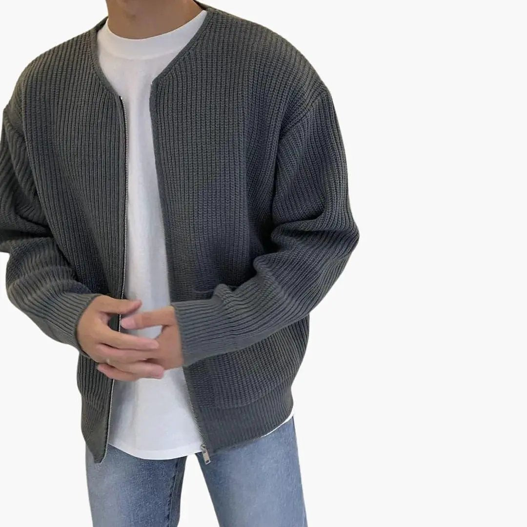 Wilfred Smith men's cardigan, dark gray ribbed knit with zip-front over a white tee
