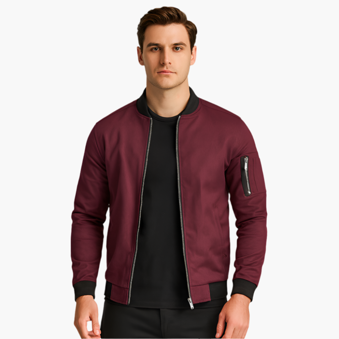 Men's bomber jacket Wilfred Smith, burgundy with ribbed hem and cuffs, front zip, arm pocket