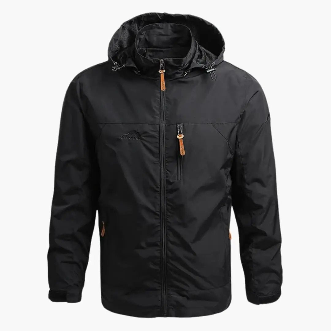 Men's hooded jacket by Wilfred Smith, black sport jacket with front zipper and pockets
