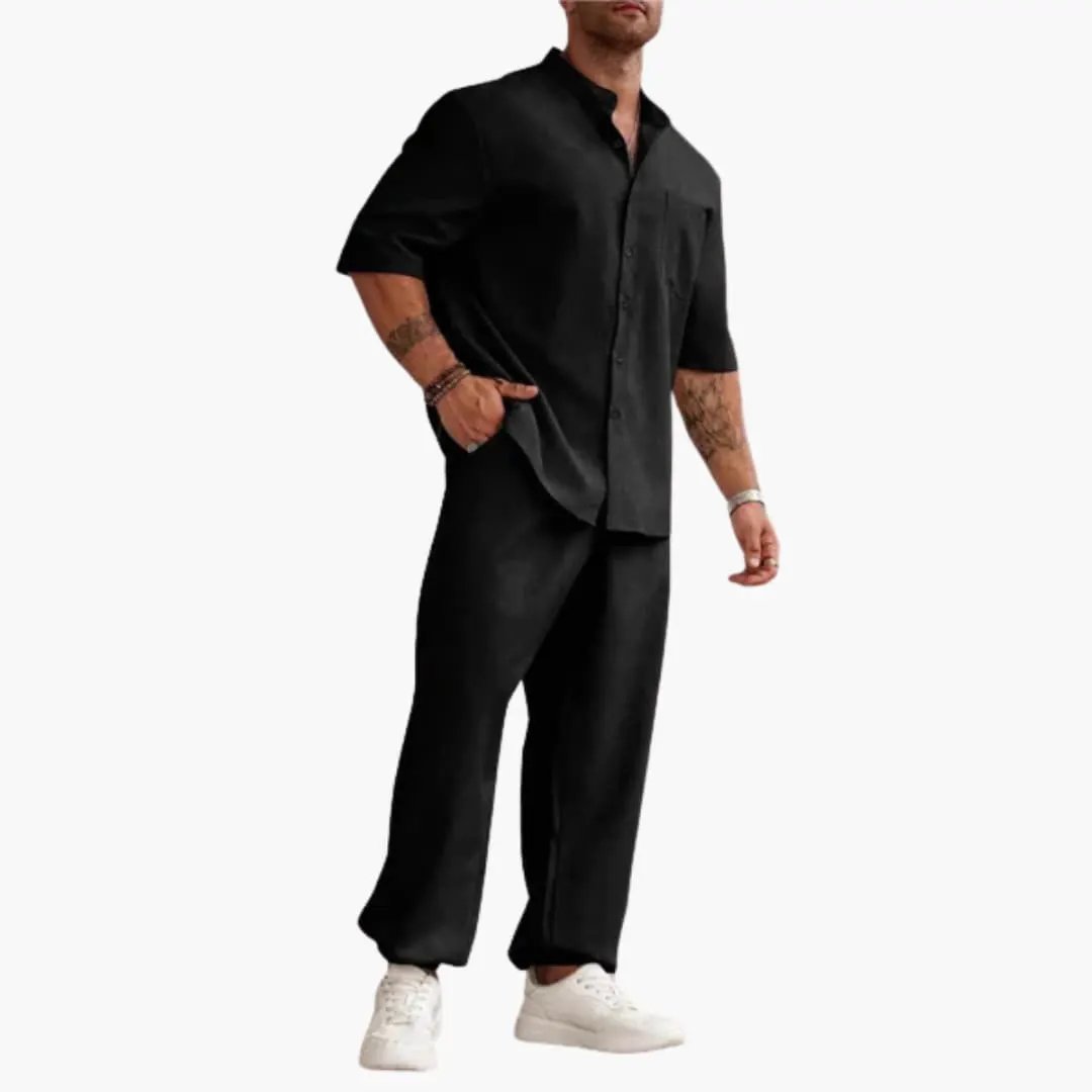 Men's black set by Wilfred Smith with short-sleeve shirt and long pants