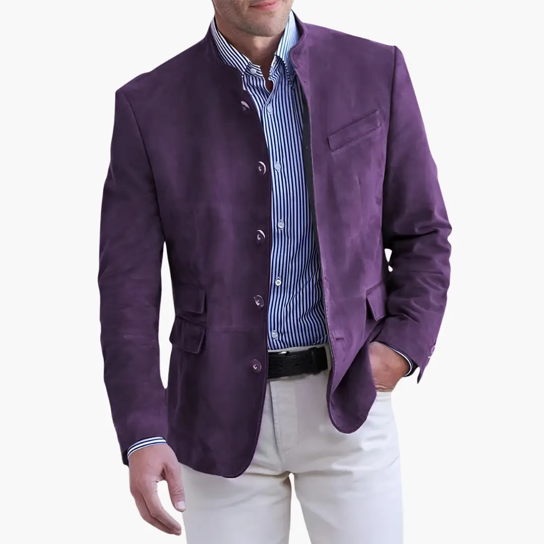 Men's purple textured jacket with button closure and front pockets