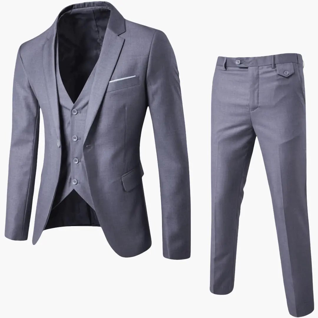 Men's Wilfred Smith summer three-piece suit set with jacket and vest in gray