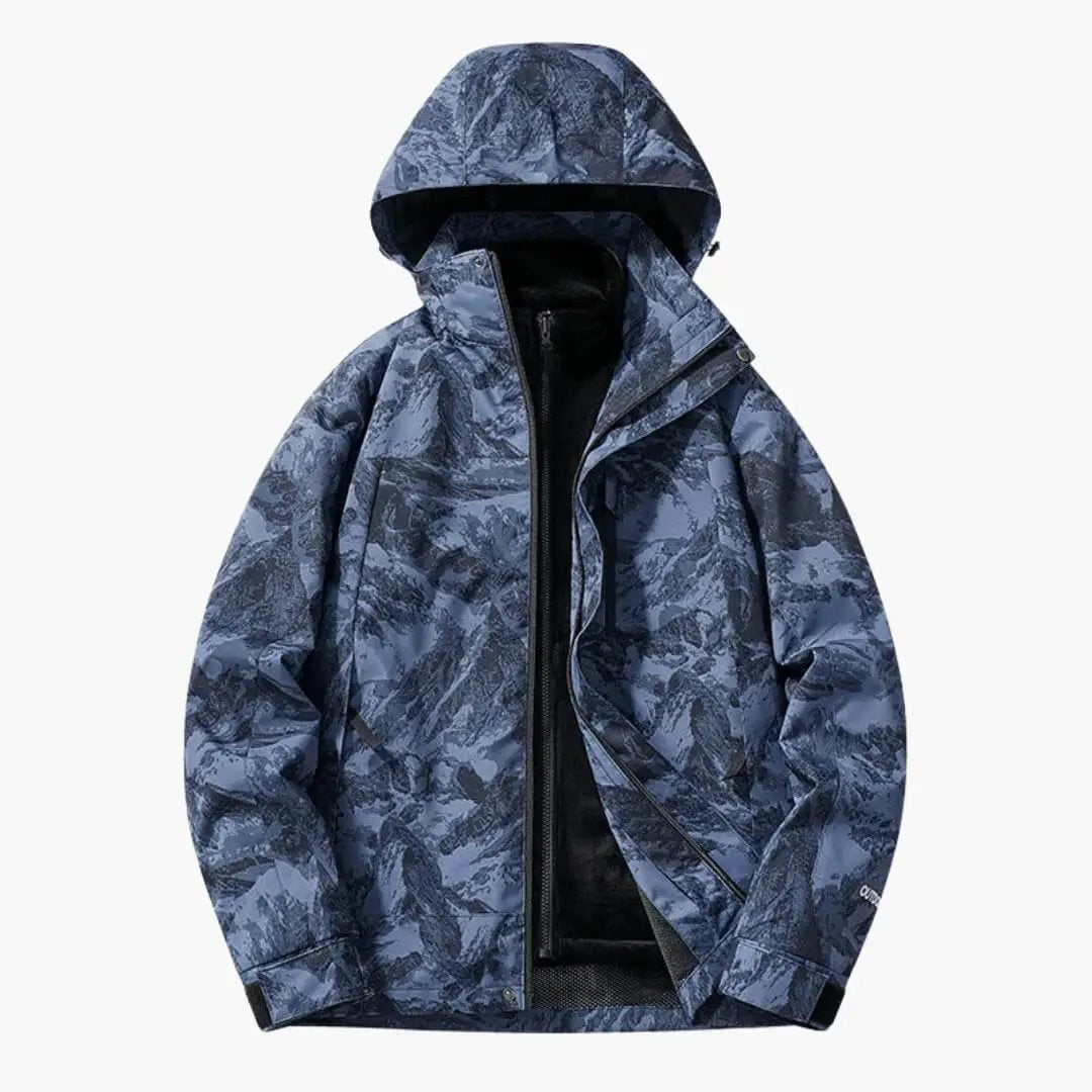 Unisex ski jacket with hood by Wilfred Smith, blue camouflage pattern with zippered pockets.