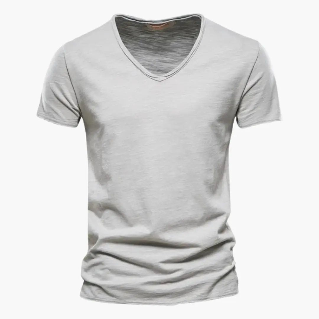Light Summer Shirt by Wilfred Smith – men's light gray V-neck short-sleeve T-shirt