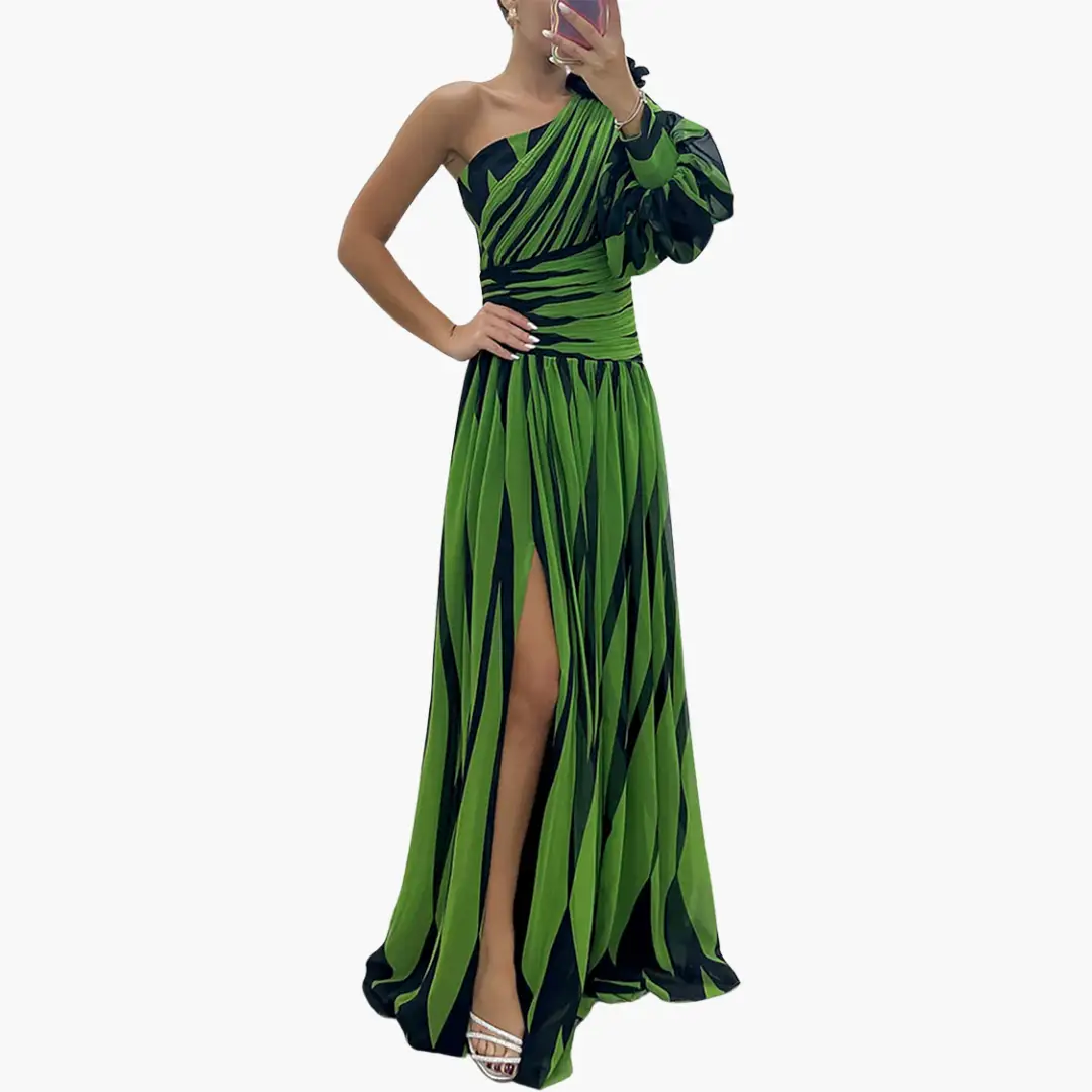 Striped one-shoulder maxi dress with slit by Wilfred Smith, green and black stripes.