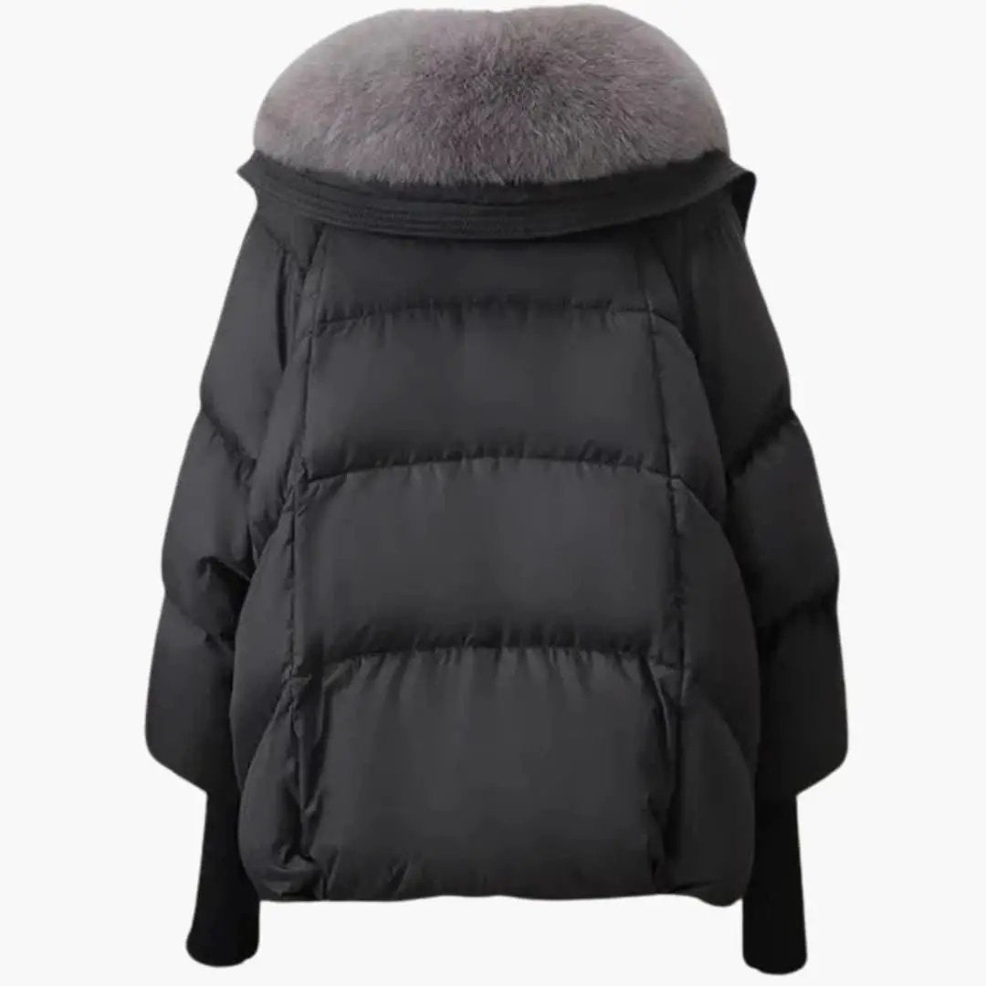 Damen-Winterjacke: Schwarze Pufferjacke mit grauem Faux-Fell-Kragen, warm und stilvoll