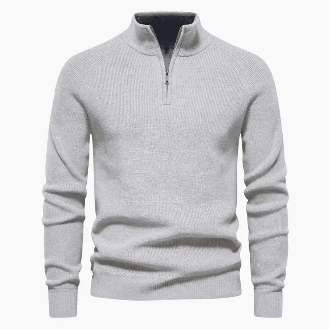 Men's knitted pullover sweater in light gray with a quarter-zip collar and ribbed cuffs.