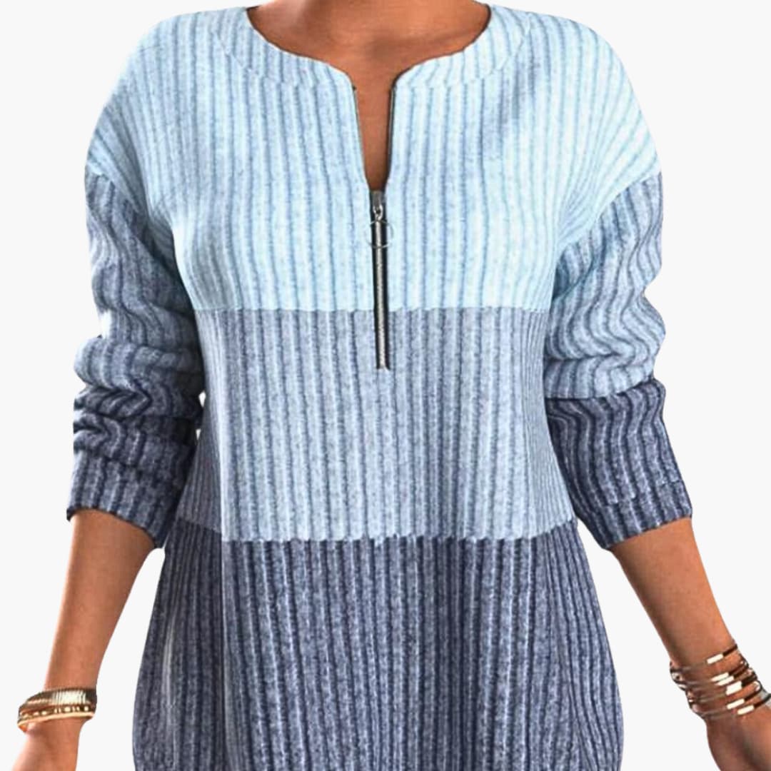 Women's pullover with zip neckline, blue gradient ribbed knit, long sleeves