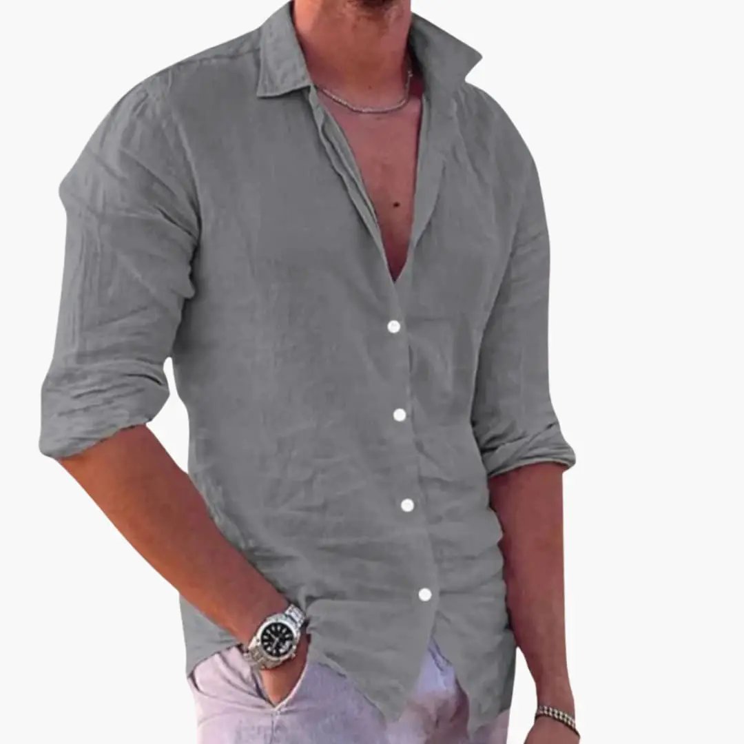 Summer shirt for men gray lightweight button-down with rolled sleeves, casual look