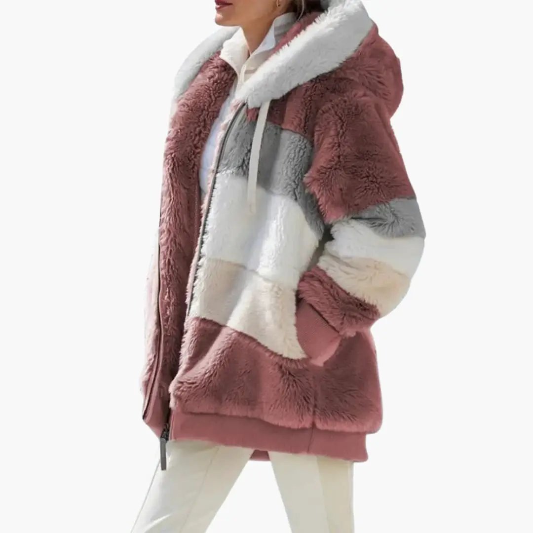 Women's Jacket with Hood and Zipper by Wilfred Smith, faux-fur color-block in pink, cream and gray