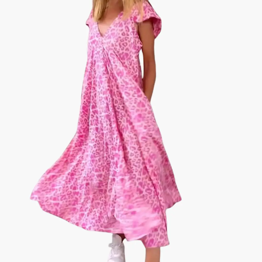 Leo Maxi Dress for Women in pink leopard print with a V-neck and loose fit