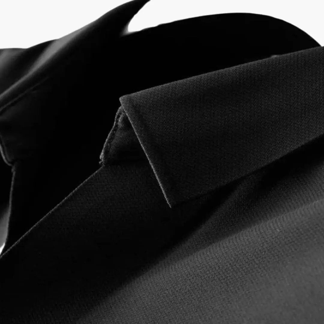 Men's two-piece outfit set close-up of black shirt collar
