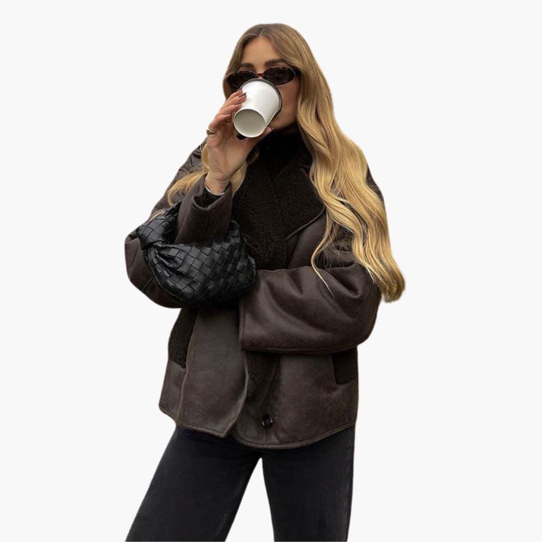 Women's brown leather jacket, elegant style, warm and long-sleeved