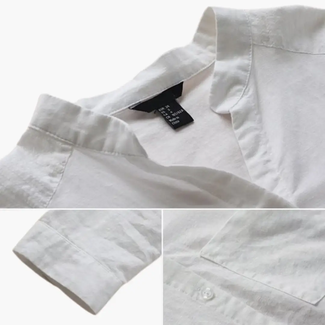 Loose-Fitting White Blouse for Women, long sleeves, stand-up collar by Wilfred Smith