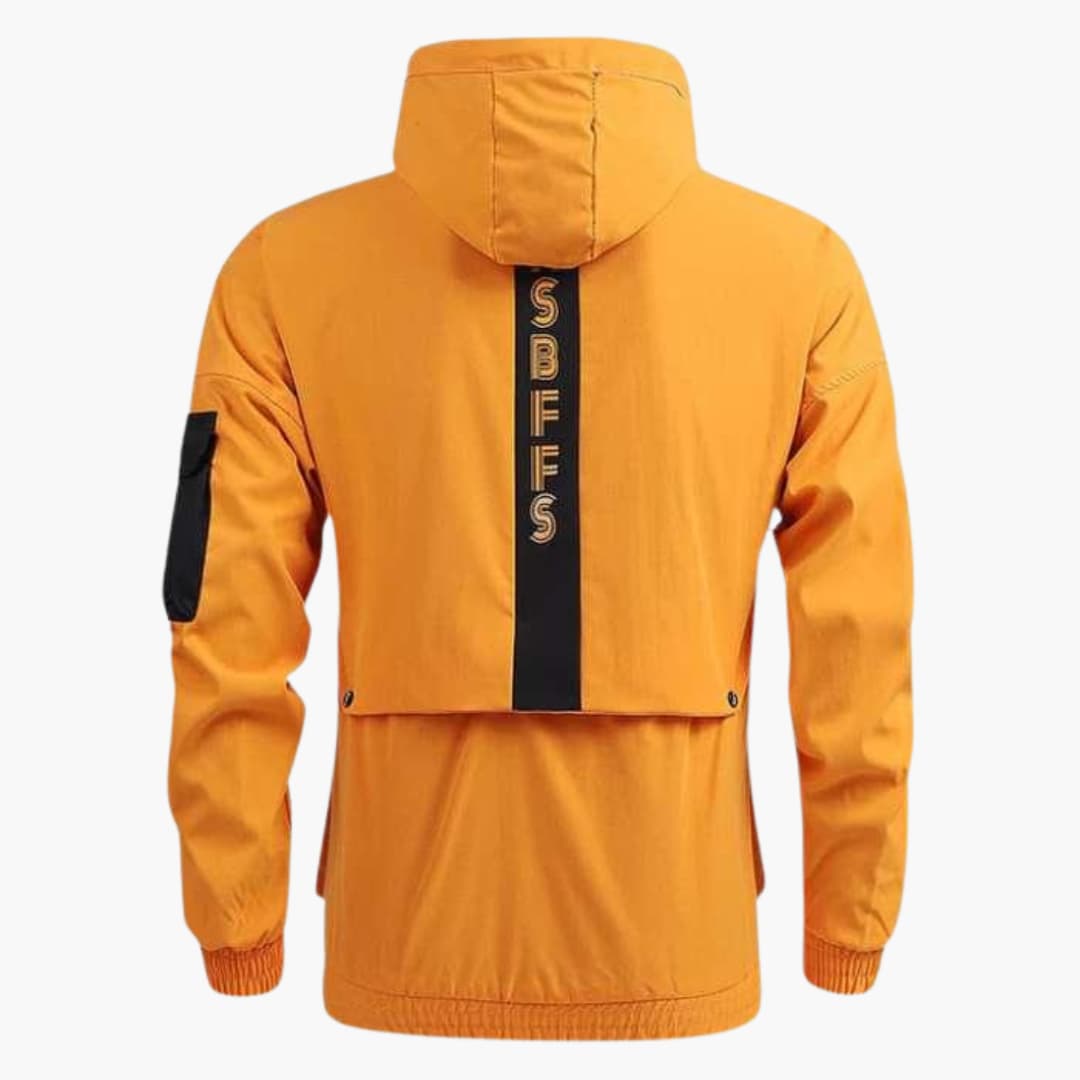 Hooded casual jacket for men in orange with black vertical stripe and Wilfred Smith logo