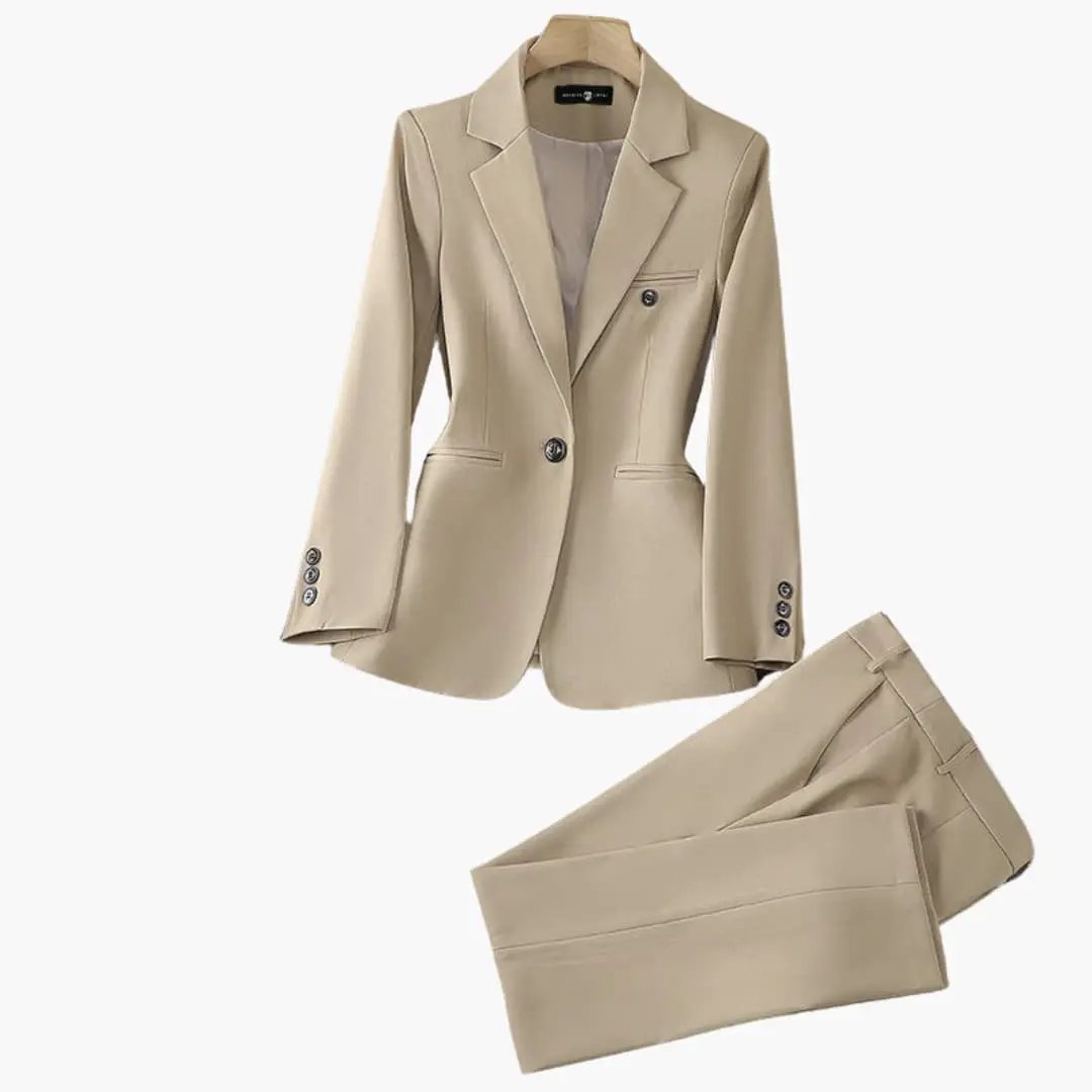 Beige women's blazer set by Wilfred Smith, 2-piece with lapel and front button placket, includes matching pants