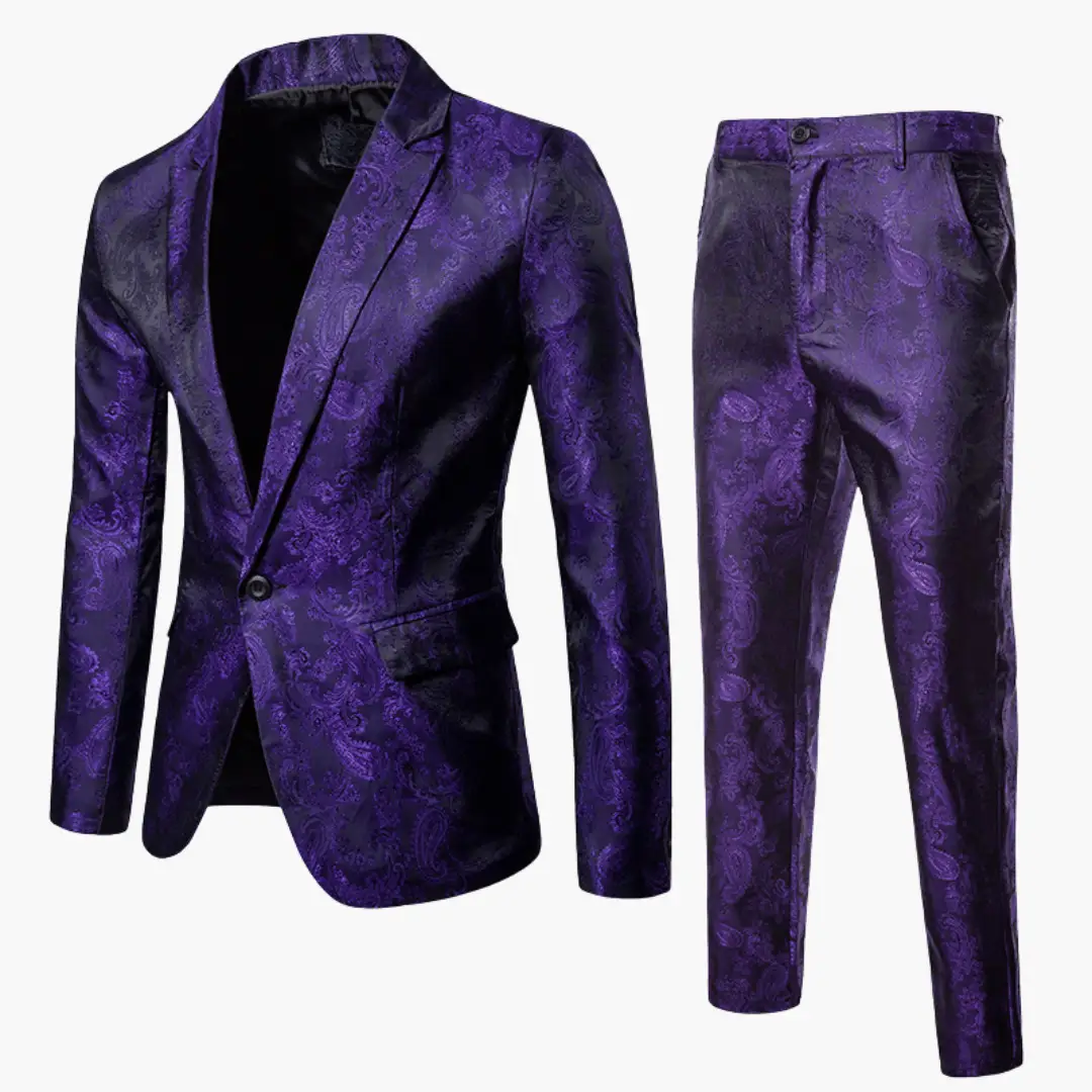 Two-Piece Wedding Guest Suit by Wilfred Smith: purple paisley slim-fit blazer and trousers