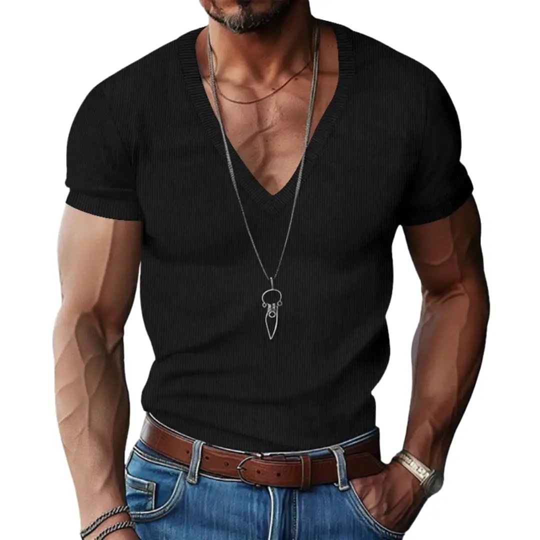 Women’s V-Neck Short Sleeve T-Shirt by Wilfred Smith, black ribbed tee.