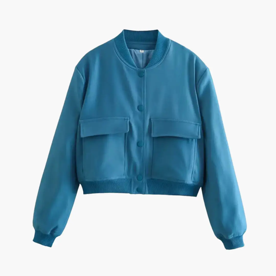 Women's teal utility bomber jacket with two large flap pockets and ribbed cuffs and hem.