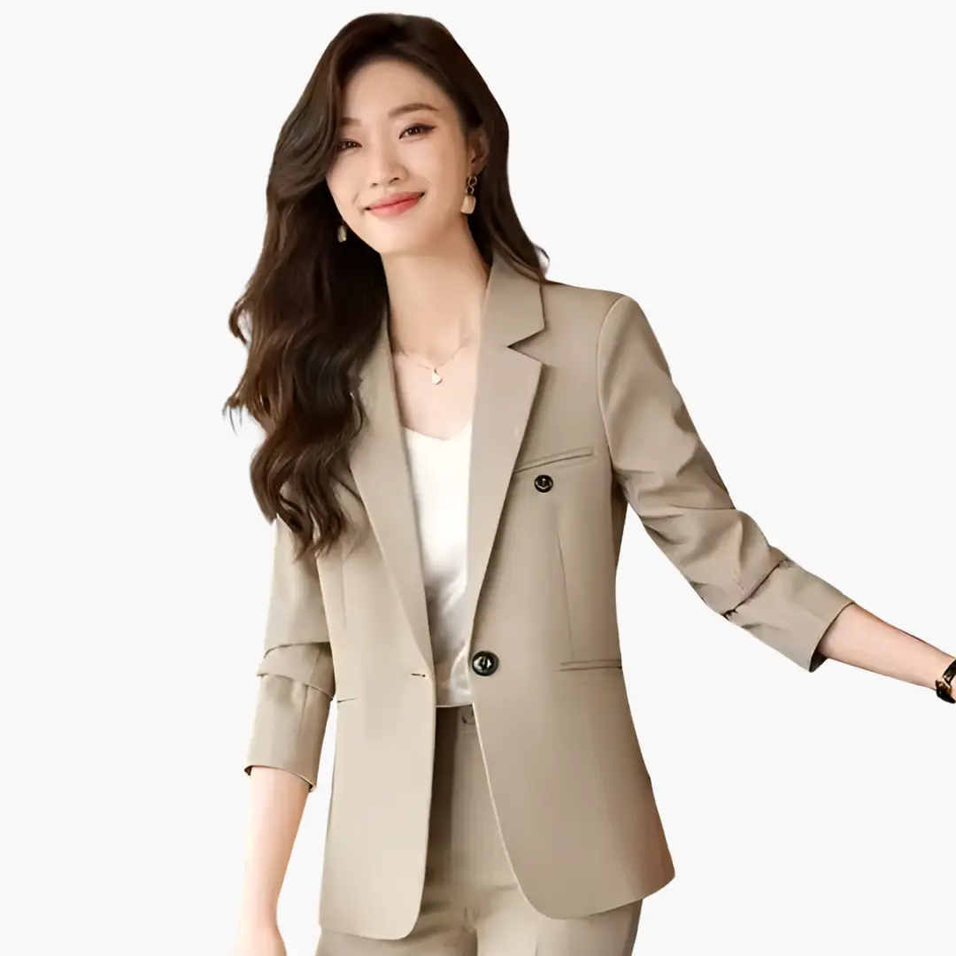 Blazer set for women in beige with lapel and front two-button placket, matching pants.