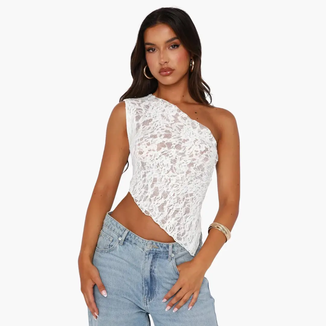 Lace one-shoulder top for women, white floral lace with an asymmetrical neckline