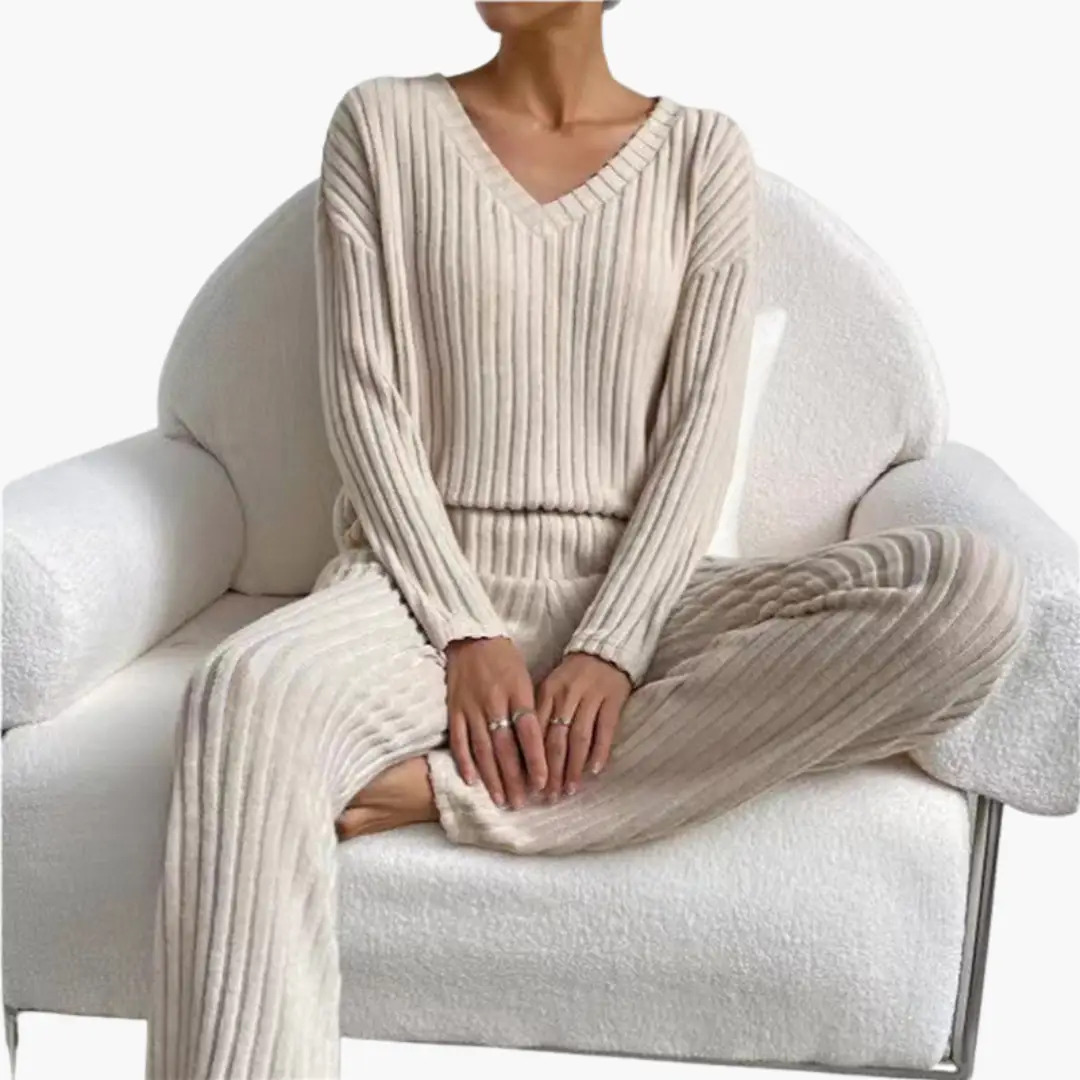 Two-piece beige ribbed knit lounge set by Wilfred Smith with V-neck