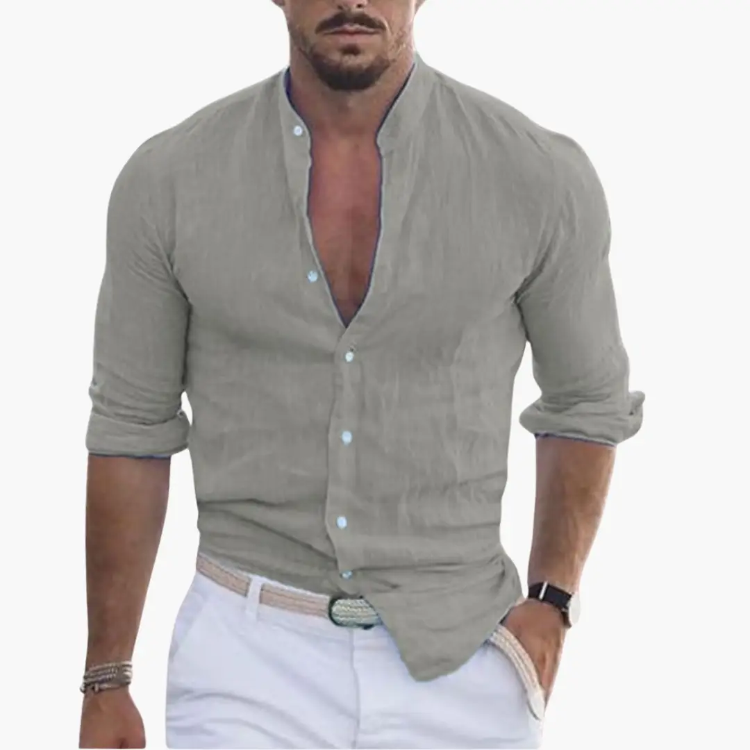 Summer shirt for men, light gray casual shirt with stand-up collar by Wilfred Smith