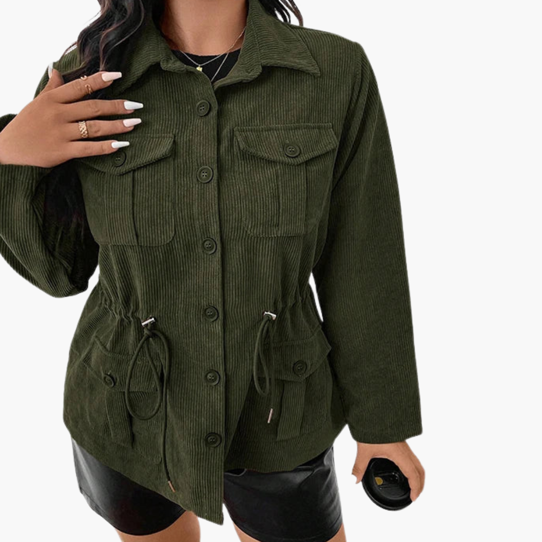 Women's Cord Jacket with Waist Drawstring in olive green corduroy, front pockets