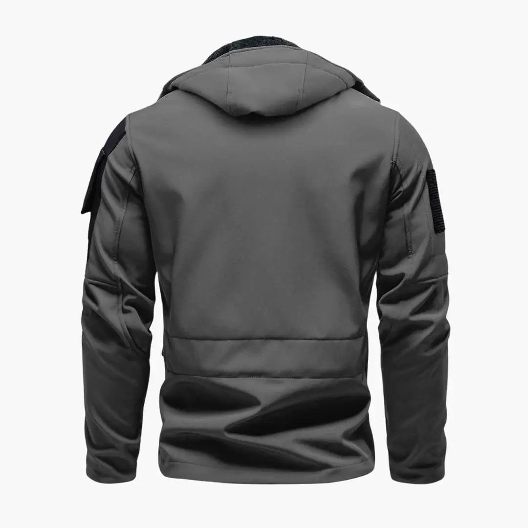 Men's zip-up hooded softshell jacket with multiple pockets in gray by Wilfred Smith