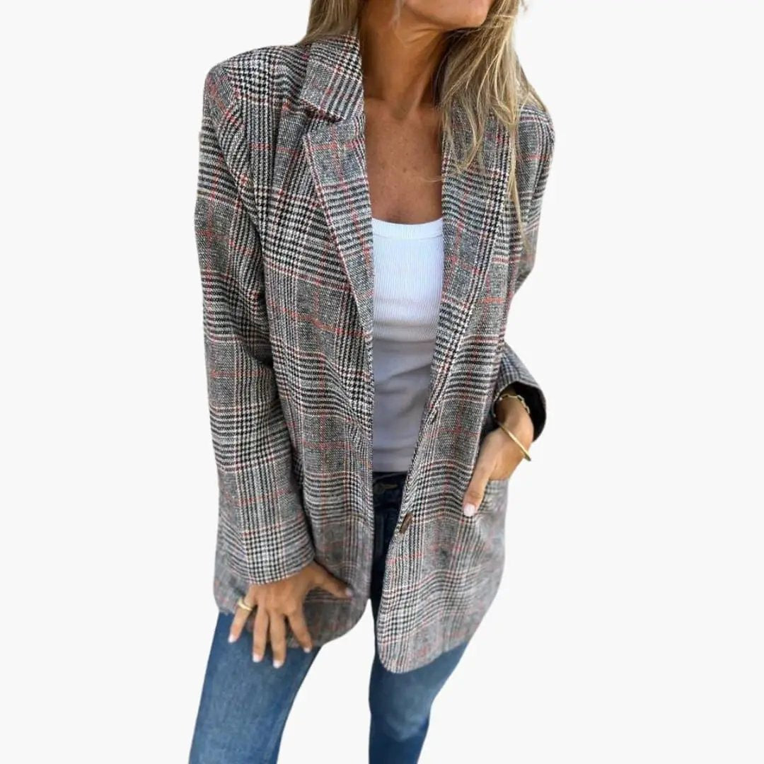Checked blazer for women in gray plaid with red accents, tailored slim fit.