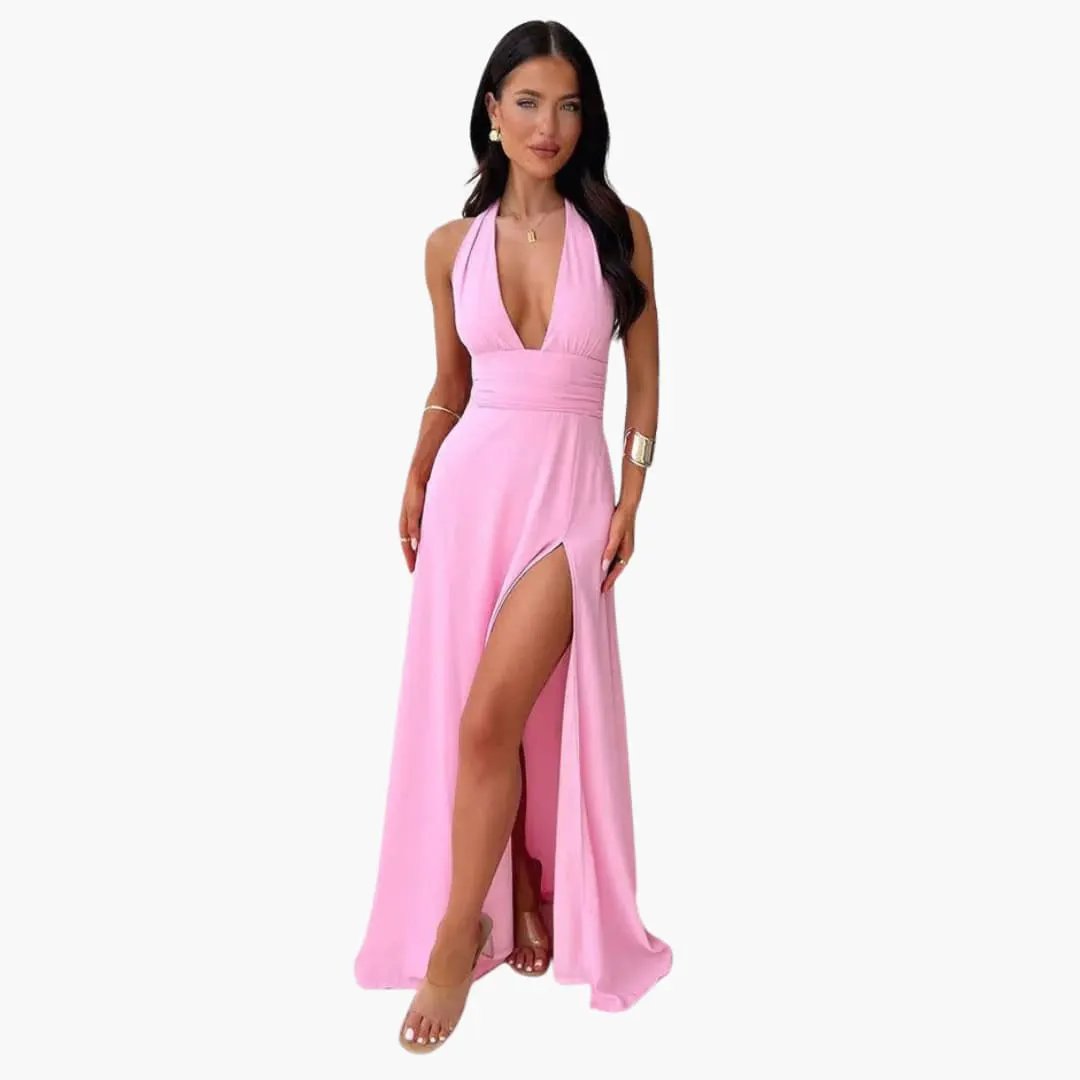 Pink halter-neck maxi dress with high slit, Wilfred Smith summer evening wear.