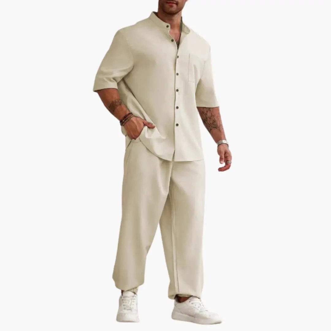 Men's beige short-sleeve shirt and long pants set for summer, casual modern cut.