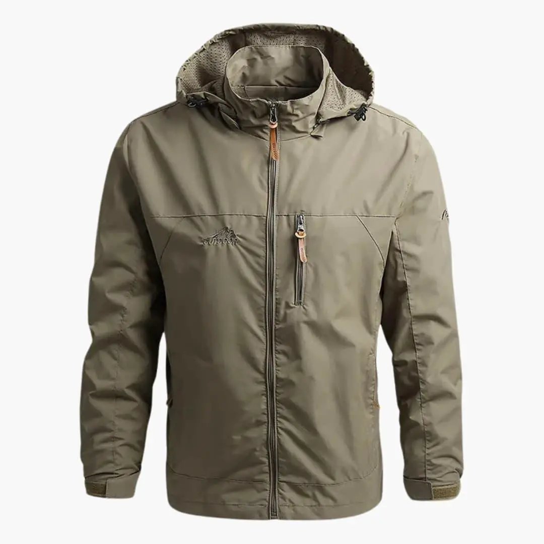 Wilfred Smith men's olive hooded sport jacket with front zipper, chest pocket, and side pockets.