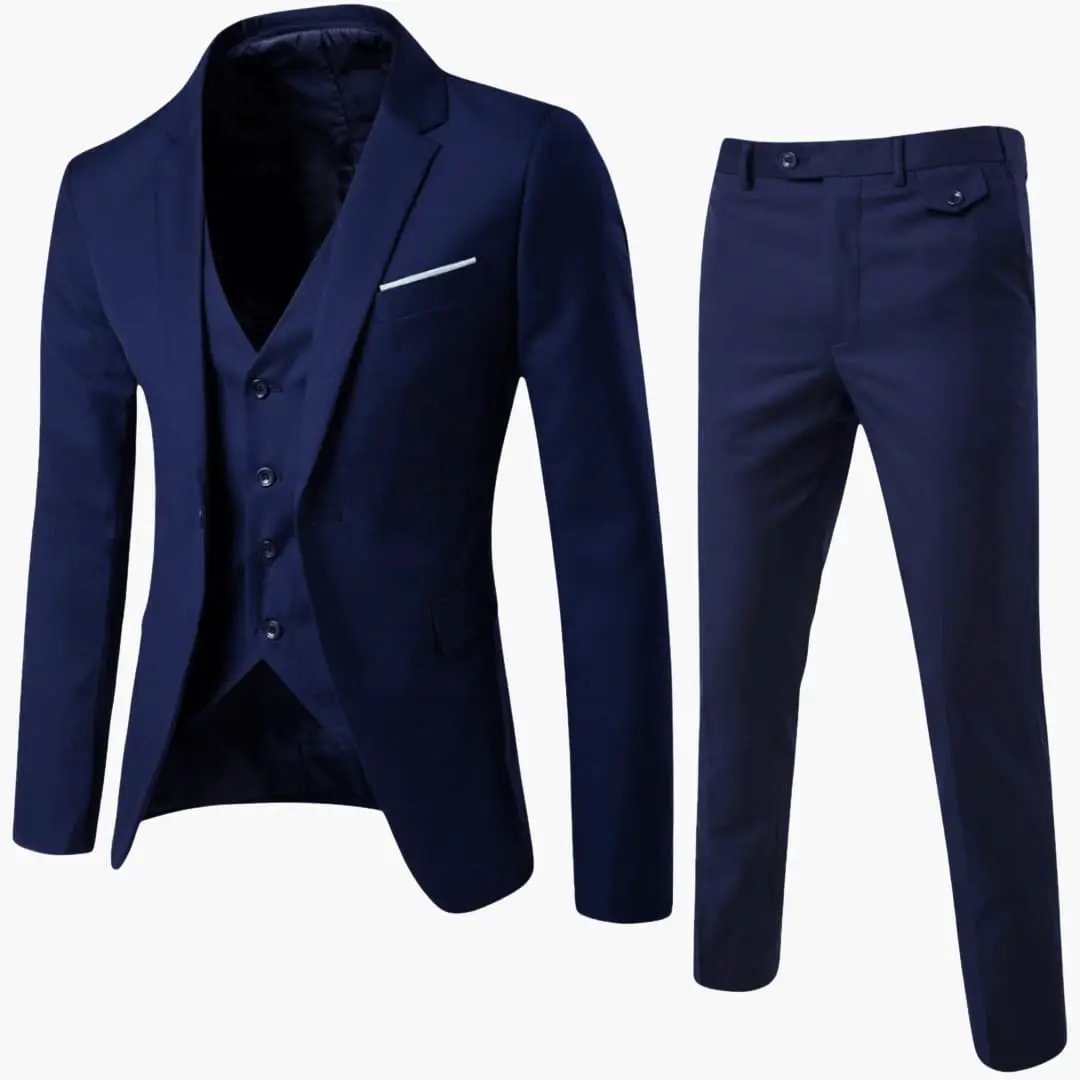 Men's navy blue summer three-piece suit with jacket, vest and pants by Wilfred Smith