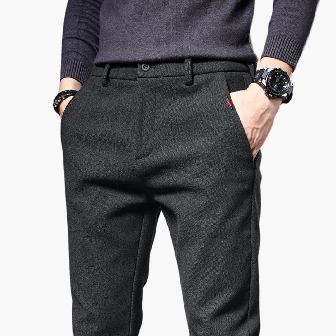 Men's charcoal gray textured trouser with belt loops and side pockets