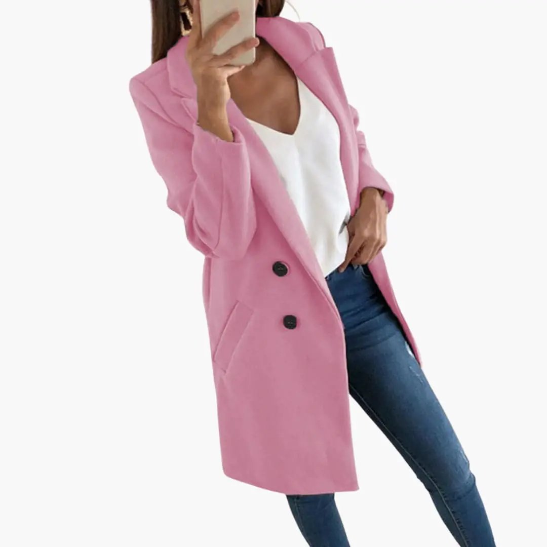 Button Closure Coat for Women pink long double-breasted with black buttons