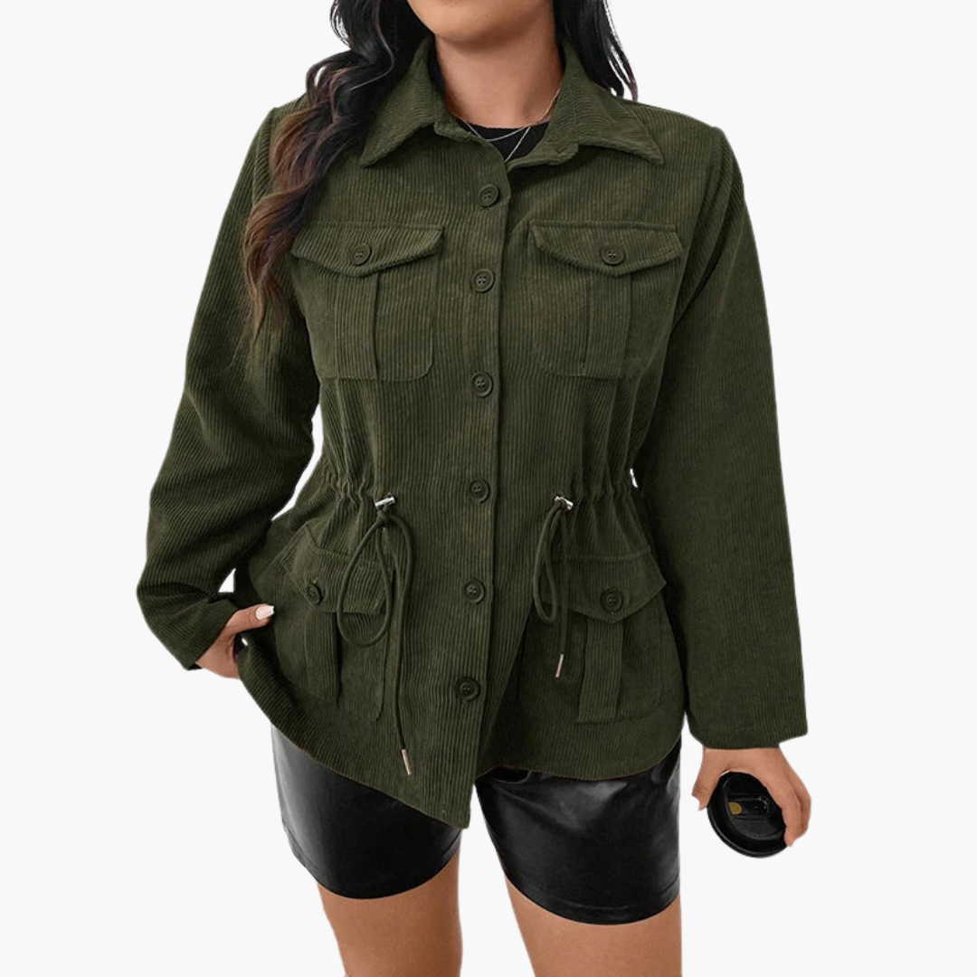 Women's cord jacket with waist drawstring, olive green corduroy, front pockets and button front, Wilfred Smith