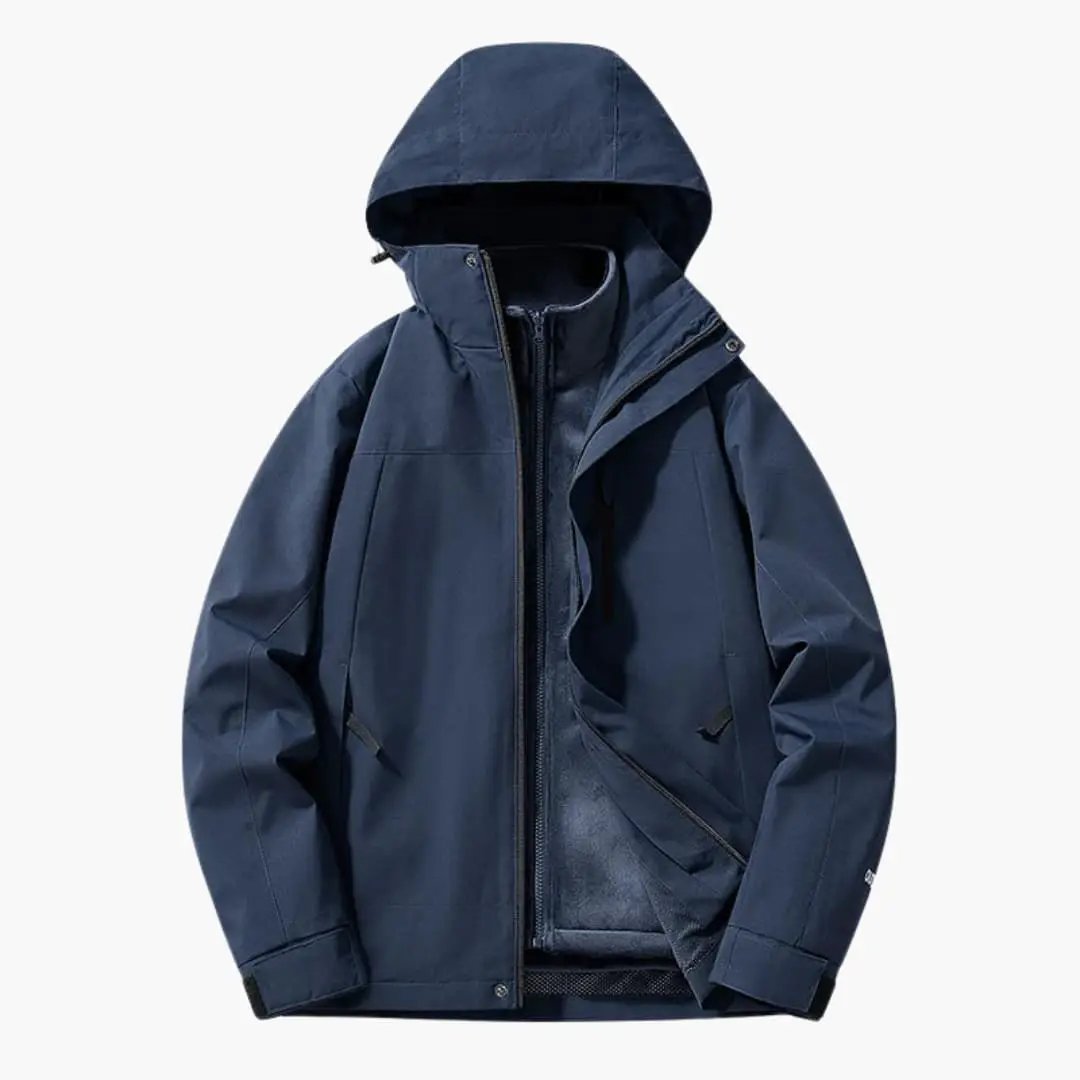 Unisex ski jacket with hood in navy blue, zip pockets