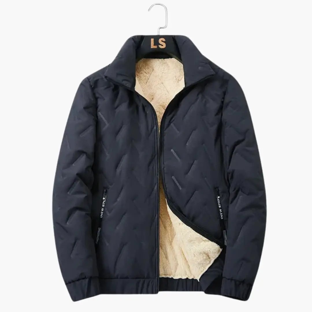 Men's navy quilted ski jacket with zipper and warm sherpa lining