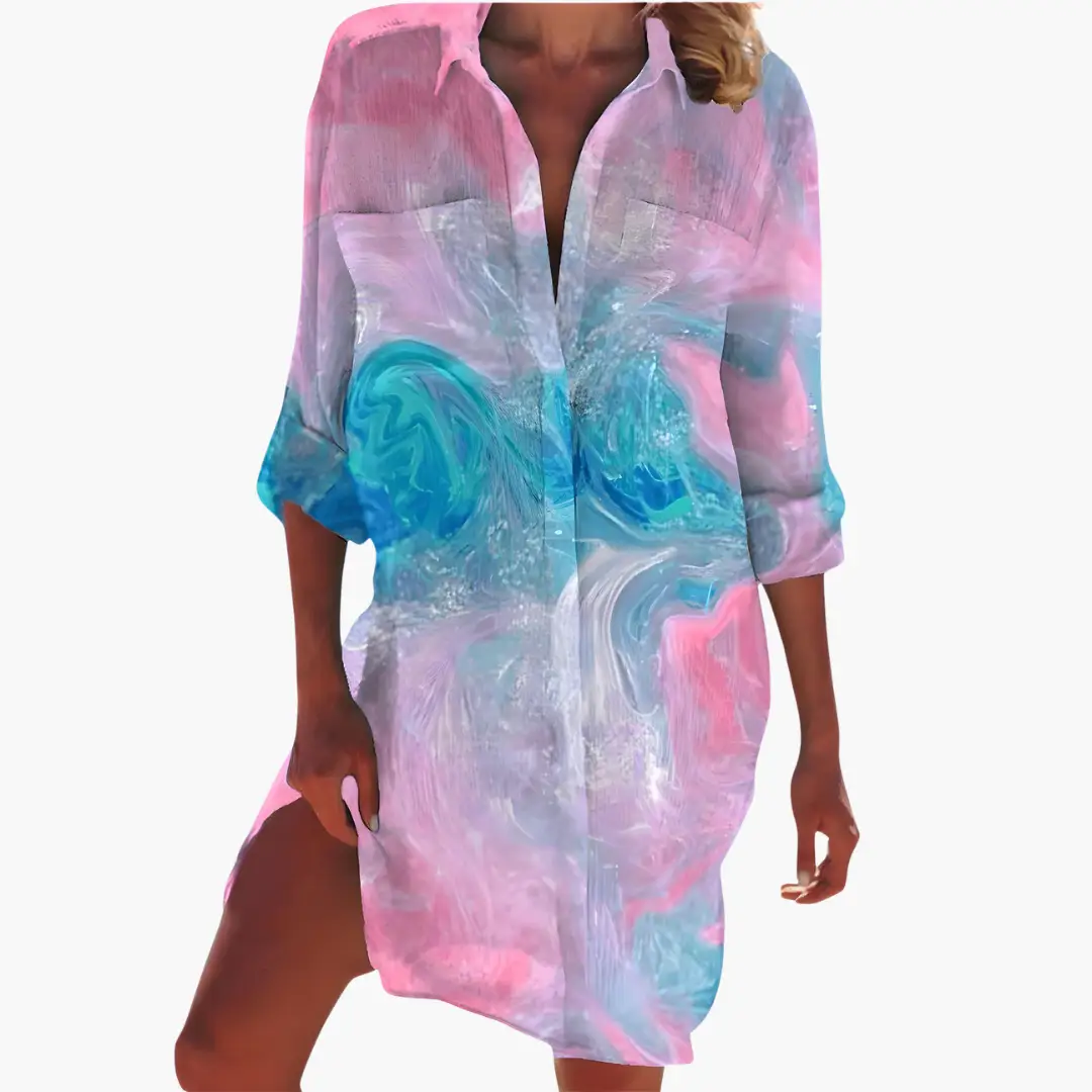 Women's shirt dress in pastel abstract print with long sleeves and button-front placket