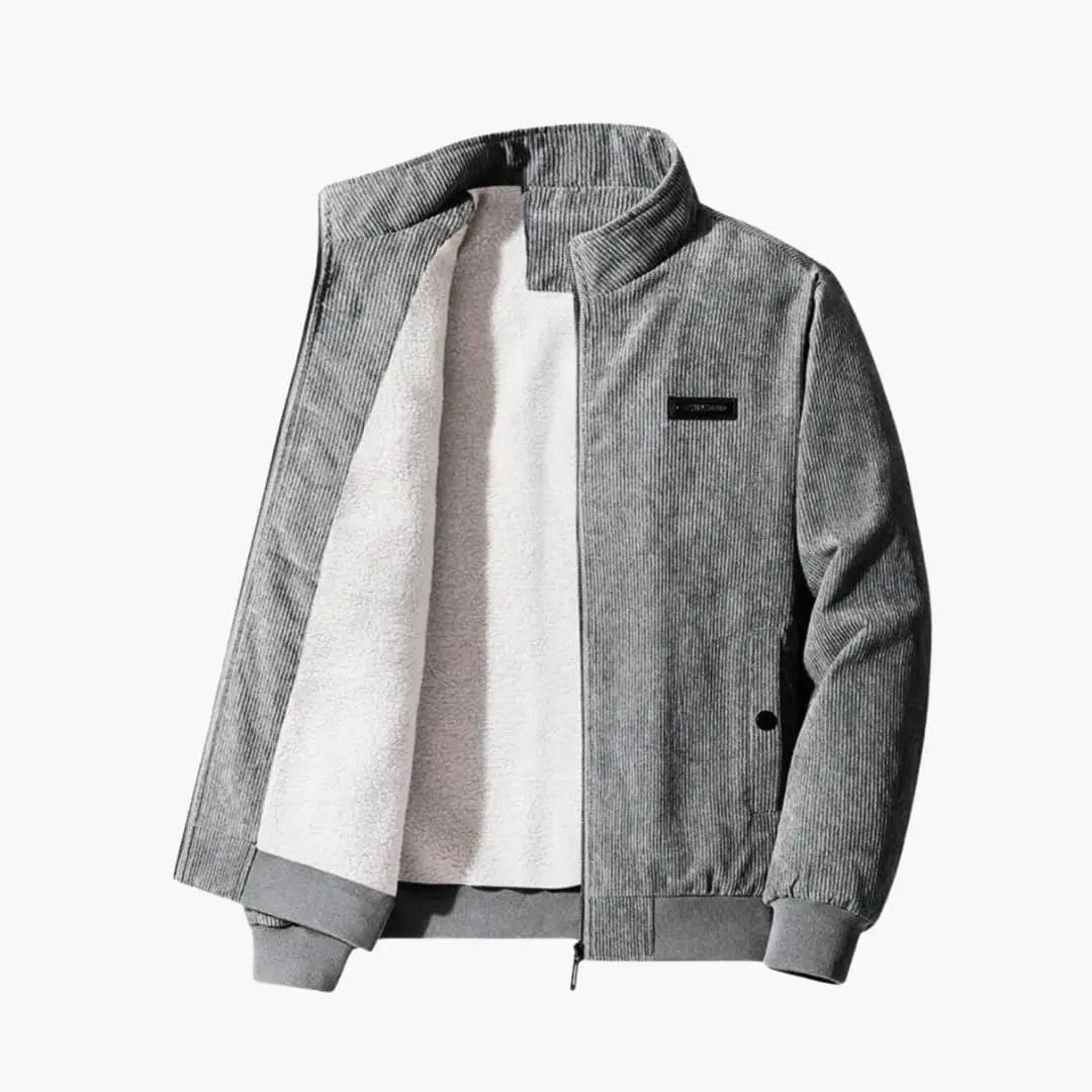 Men's ribbed cord jacket by Wilfred Smith with white sherpa lining and gray exterior