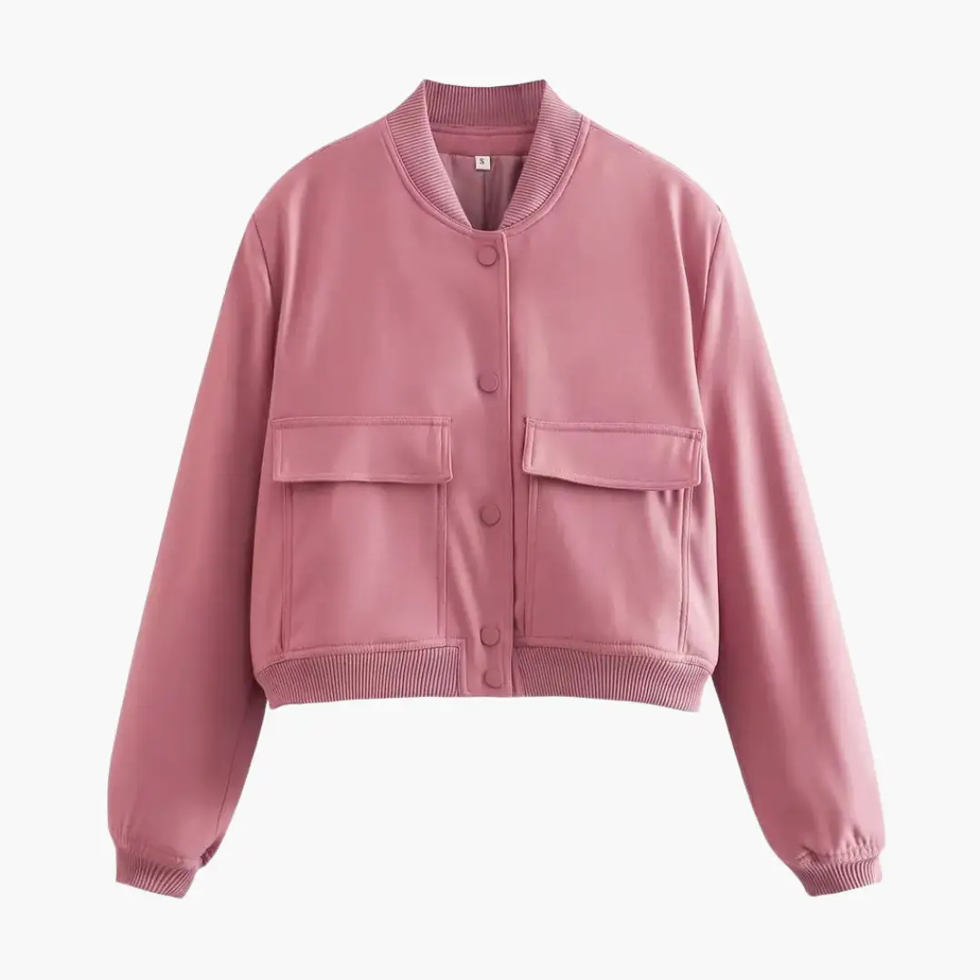 Women's pink utility bomber jacket with two large front flap pockets