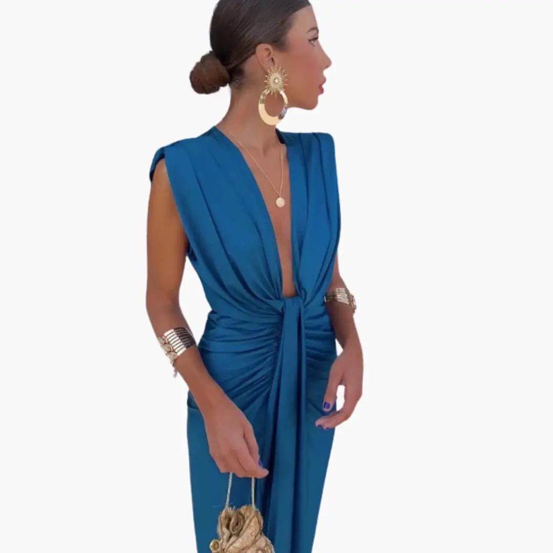 Maxi dress blue teal with deep V-neck and waist-tie knot, Wilfred Smith brand.