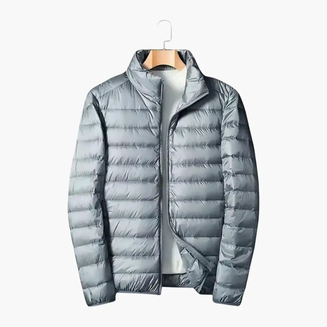 Men’s Quilted Puffer Jacket by Wilfred Smith with zipper and stand collar in metallic silver