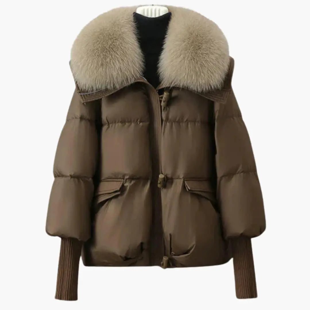 Elegant women's winter jacket puffer in brown with beige faux fur collar by Wilfred Smith