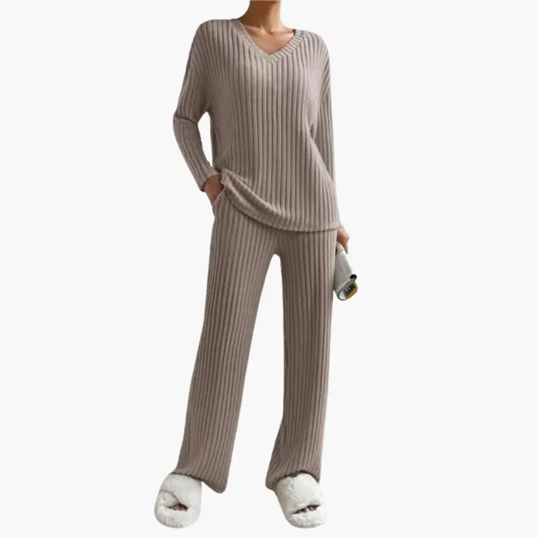 Women's Lounge Set, ribbed knit taupe two-piece with V-neck top and pants