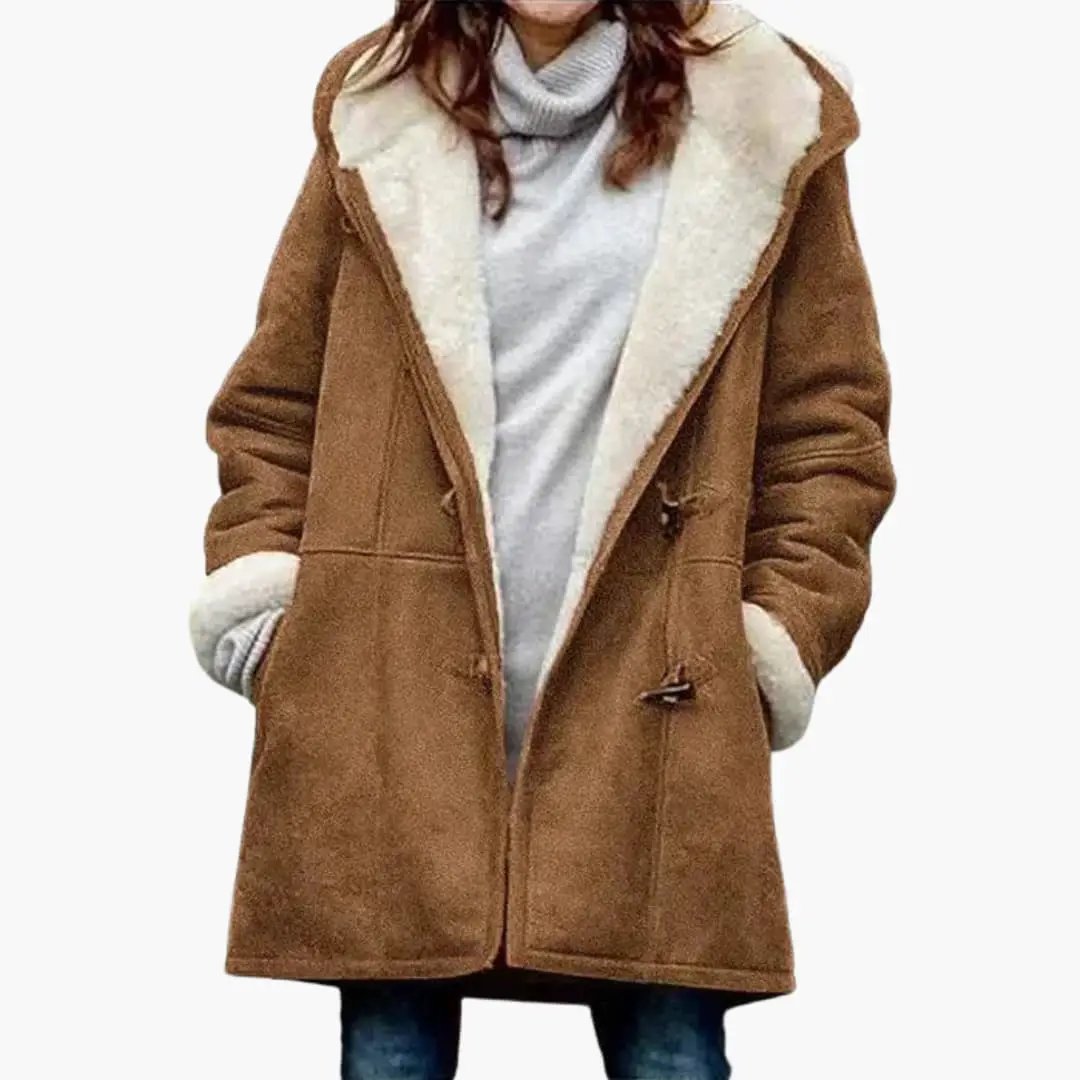 Women's brown suede jacket with hood and shearling lining, toggle closure, Wilfred Smith