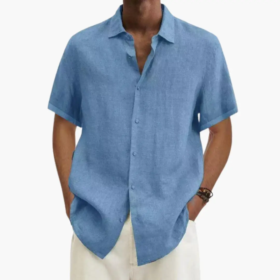 Men's short-sleeve casual shirt with button placket in light blue linen-look fabric by Wilfred Smith